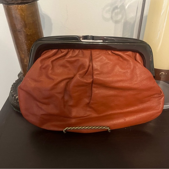 Mantessa Clutch Bag Made in Italy Vintage Brown Leather Tortoise Bakelite Purse